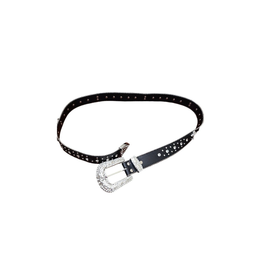 Unbranded Western Rhinestone Cross Belt Black Silver Studded Y2K Large XL 46in
